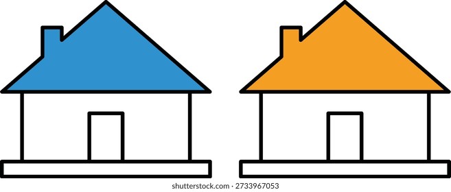 Dos casas simples un techo azul una casa naranja del techo