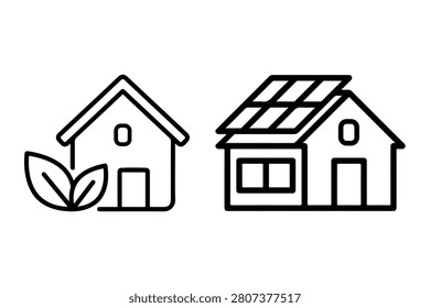 Two simple house one with leaves and one with solar panels