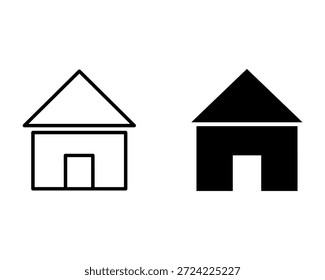 Two simple house one outlined and one filled black with triangular roofs and rectangular doors