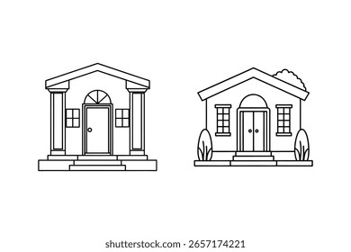 Two simple houses with trees and columns building architecture