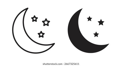 Two simple icons: a crescent moon with stars, one outlined, one filled. Isolated on white.