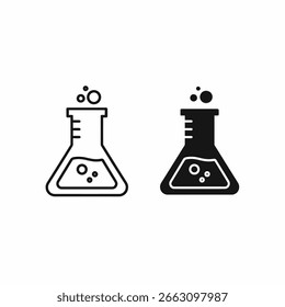 Dos iconos simples representan frascos Erlenmeyer, uno delineado y otro lleno, ambos contienen líquido burbujeante, lo que sugiere un experimento científico o una reacción química...