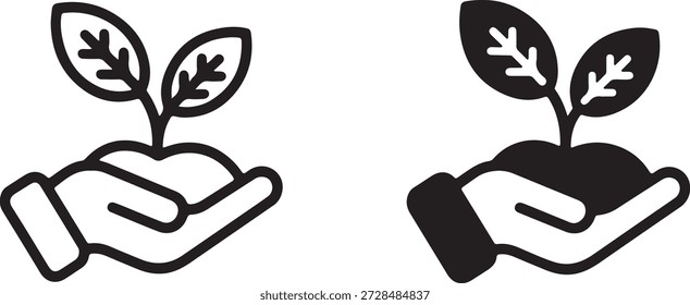 Two simple icons illustrating a hand cradling a small plant sprout, representing growth, new beginnings, and environmental care.