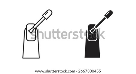 Two simple icons illustrating nail polish application. One line art, one solid. Isolated on white.