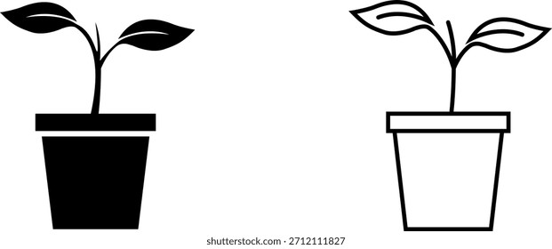 Dos iconos simples de plantas en macetas que muestran diferentes estilos, uno lleno y uno delineado, adecuado para diversas necesidades de diseño