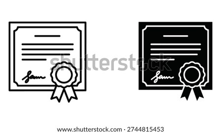 Two simple icons representing a certificate or award. One is an outline, the other a solid silhouette. Features include text lines, a signature, and a ribbon-adorned seal, symbolizing achievement, recognition, or qualification.