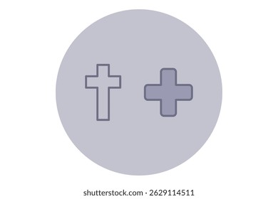 Two simple icons representing connection between Christianity and healthcare. Cross and medical plus sign