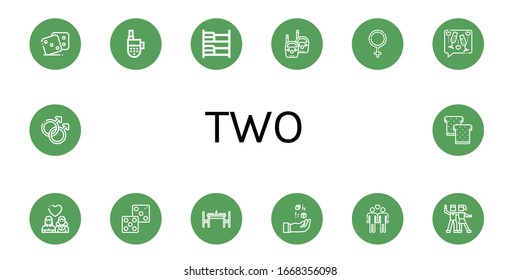 two simple icons set. Contains such icons as Dice, Walkie talkie, Bunk bed, Female, Toast, Lesbian, Dinning table, Gay, Salsa, can be used for web, mobile and logo