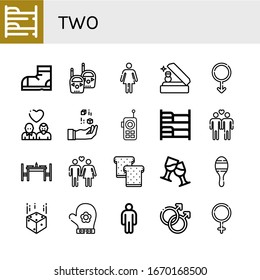 two simple icons set. Contains such icons as Bunk bed, Snow boots, Walkie talkie, Female, Wedding ring, Male, Gay, Dice, Dinning table, Heterosexual, can be used for web, mobile and logo