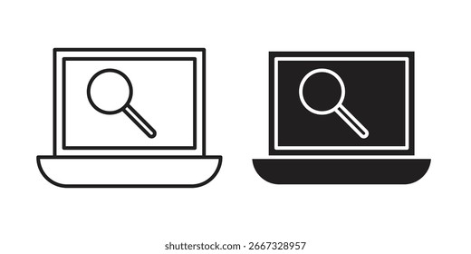 Dois ícones simples de notebook, um preto e um branco, cada um exibindo um símbolo de lupa. Isolado no branco.