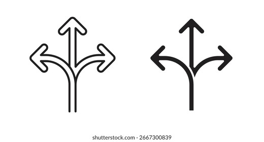 Dos iconos simples de la flecha del arte de la línea que ilustran opciones y direcciones, aislados en blanco.