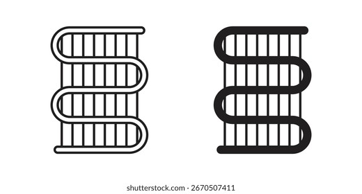 Dois ícones simples da escada rolante da arte da linha, um preenchido e um contornado, isolado em um fundo branco.