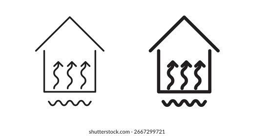 Dos iconos simples de la casa del arte de la línea que ilustran el calor que se eleva del piso. Perfecto para Sitios web o presentaciones.