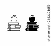 Two simple line art icons depict a stack of books topped with an apple, one in black outline and the other in solid black.  They represent education or knowl...