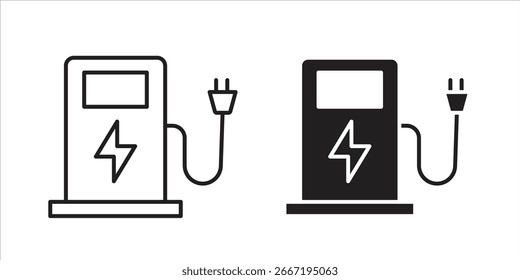Dois ícones simples de arte de linha representando uma estação de carregamento de veículo elétrico com um plugue. Um é preto, o outro é line art.