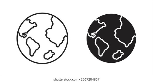 Two simple line art icons depicting the Earth, one white and one black, isolated on white background.