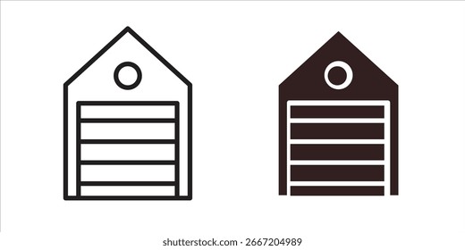 Dos iconos de arte de línea simple que representan una puerta de garaje con una ventana Pequeña. Versiones en blanco y negro incluidas.
