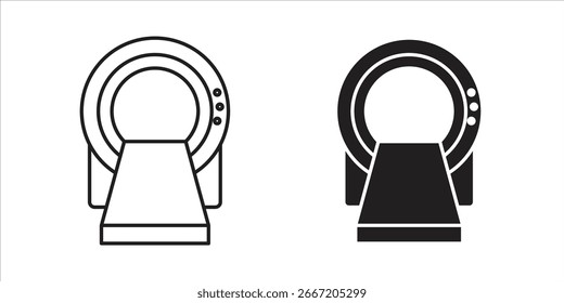 Dos iconos simples del arte de la línea de una máquina de la exploración de la TC, uno negro y uno blanco, aislados en blanco.