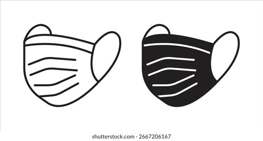 Dos iconos simples del arte de la línea de una máscara de cara, uno negro y uno blanco, aislados en el fondo blanco.