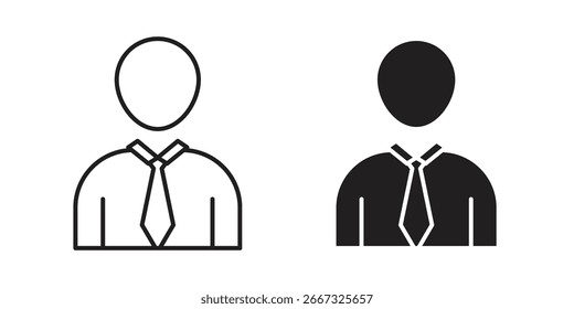 Dos iconos de arte de línea simple que representan a una persona de negocios, uno lleno y otro delineado, aislado en blanco.