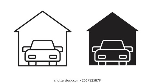Dos simples iconos de arte de línea que representan un coche estacionado dentro de un garaje. Uno es negro, el otro es un dibujo de línea.
