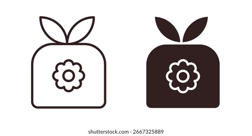Dois ícones de arte de linha simples de pacotes de sementes de flores, um preto e um branco, isolados em um fundo branco.