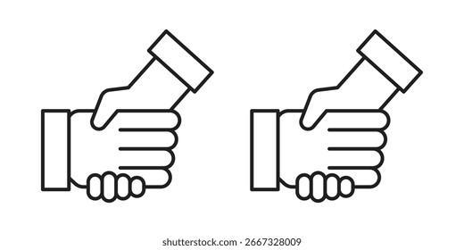 Dos iconos simples del arte de la línea que representan un apretón de manos, aislados en un fondo blanco. Perfecto para conceptos de negocios o Acuerdo.