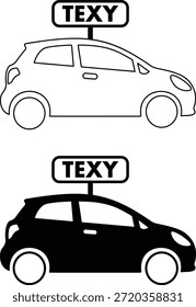 Dos iconos simples del arte de la línea de un coche Pequeño con un cartel 'texy' en el Vector superior