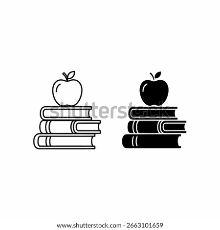 Two simple line art icons depict a stack of books topped with an apple, one in black outline and the other in solid black.  They represent education or knowl...