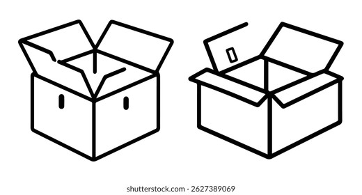 Dos simples ilustraciones de arte lineal de cajas de cartón abiertas, perfectas para conceptos de embalaje o entrega.