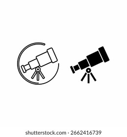 Zwei einfache Illustrationen eines Teleskops auf einem Stativ innerhalb eines kreisförmigen Rahmens, die Beobachtung, Erforschung oder Entdeckung darstellen.