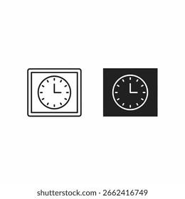 Two simple line art illustrations of wall clocks, one in black and one in white.