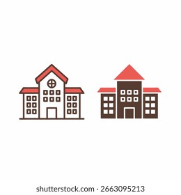 Duas ilustrações artísticas simples em linhas de edifícios, provavelmente escolas ou hospitais, apresentadas lado a lado.