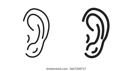 Duas ilustrações simples de arte de linha de um ouvido humano, perfeito para projetos médicos ou de áudio. Isolado no branco.