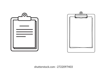 Dos ilustraciones simples del arte de la línea de Portapapeles. Un Portapapeles tiene líneas de texto, el otro está en blanco.