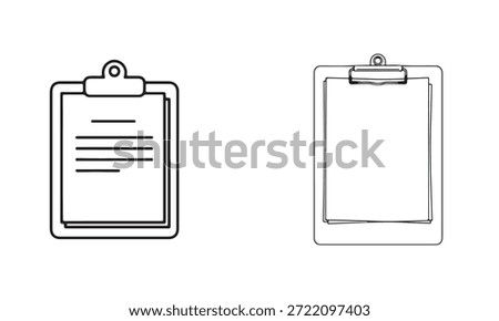 Two simple line art illustrations of clipboards. One clipboard has lines of text on it, the other is blank.