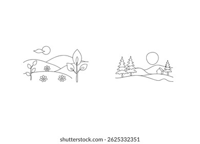 Two Simple Line Art Landscapes With Trees Flowers And A House Vector