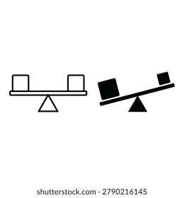 Two simple line art scales isolated on transparent background one balanced with two identical laptops the other unbalanced with a heavier laptop