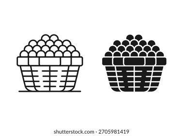 Dois ícones simples da arte da linha e da silhueta de uma cesta preenchida com objetos redondos