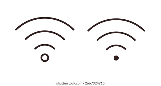 Zwei einfache Linie Kunst WiFi-Signal-Symbole, eines mit einem Kreis und eines mit einem Punkt, einzeln auf weiß.