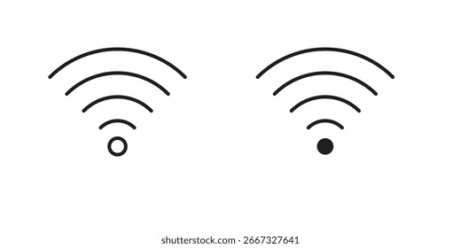 Dos iconos simples de la señal del wifi del arte de la línea, uno con un círculo lleno, uno con un círculo vacío, aislado en el fondo blanco.