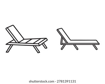 Two simple line drawing illustrations of outdoor deck chairs in different positions on a flat surface