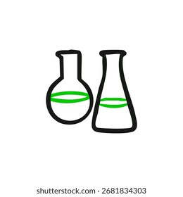 Dos dibujos de línea simples de vasos de precipitados, llenos de líquido verde