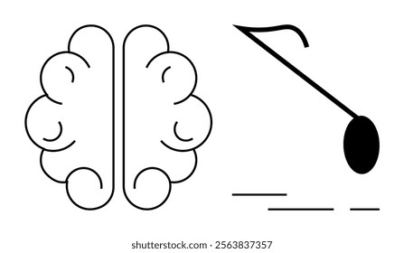 Two simple line drawings of a brain and musical note with a dotted line. Ideal for educational themes, neurology, creativity, music, and mental health. Minimalist and conceptual style