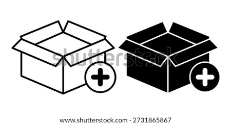 Two simple line drawings of open cardboard boxes with plus signs