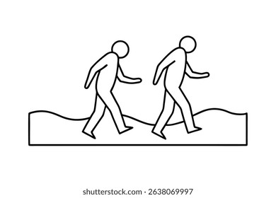 Two simple line drawings of people walking on a wavy line