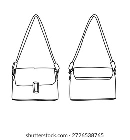 Zwei einfache Linienzeichnungen von Schultertaschen, jeweils mit einem Klappenverschluss und einem langen Gurt, die ein sauberes, minimalistisches Design zeigen.