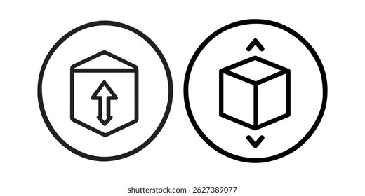 Dois ícones de linha simples representando a entrega do pacote, um mostrando movimento para cima e outro para baixo.