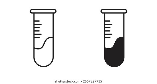 Dois ícones de linha simples de tubos de ensaio com líquido, um cheio, um vazio. Isolado no branco.