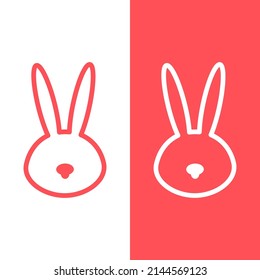 Two simple linear kawaii icons of bunny head, and white. Cute cartoon rabbit muzzles isolated pink on white and white on pink background. Easter, baby shower, kid’s clothes, textile design